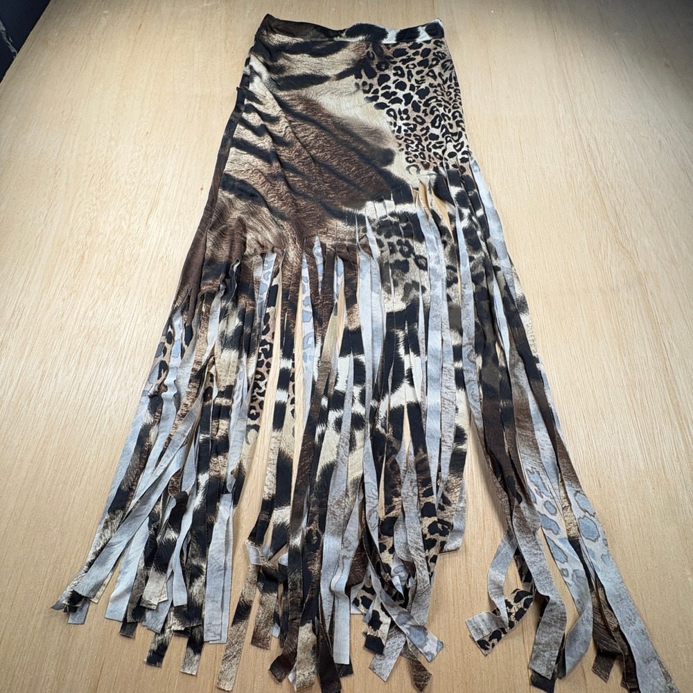 Topia Womens Animal Print Fringe Maxi Skirt Leopard Tiger Festival Western Small